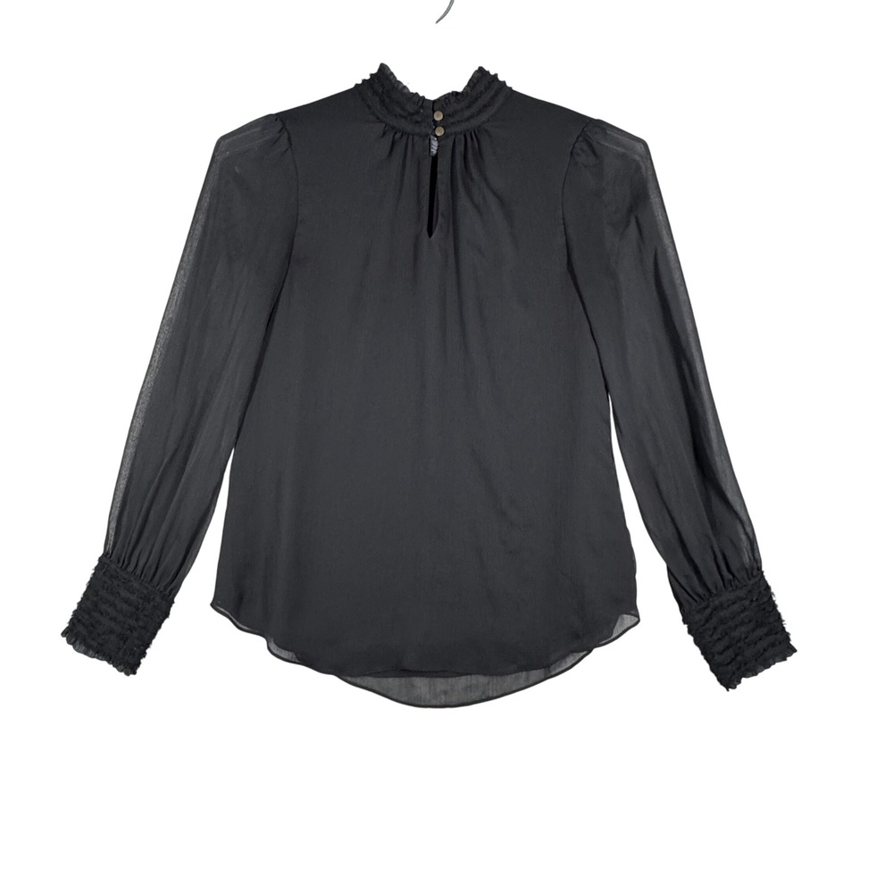 White House Black Market Blouse Sheer Long Sleeve Ruffle Neck‎ Neutral Black 4